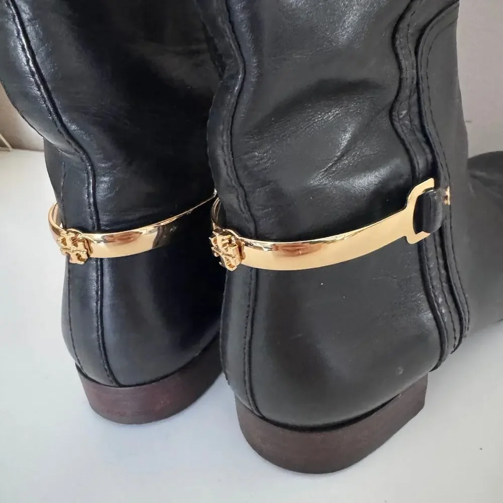 Tory Burch Tall Black Leather Riding Boots Horsebit Heel Logo Hardware Size 5